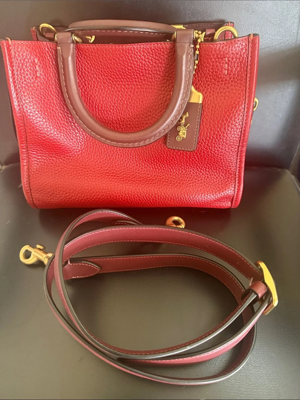 Coach Red Pebbled Top-Handle Bag with Brown Trim